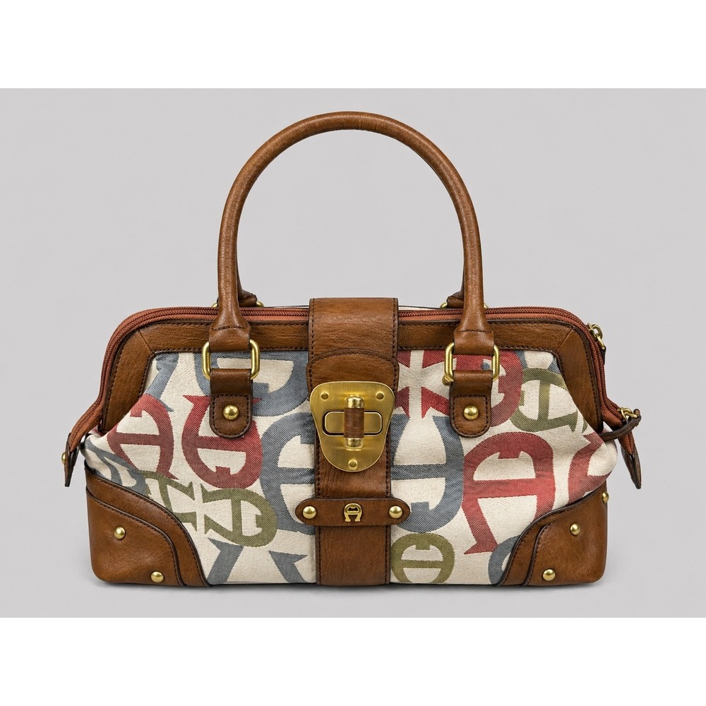 Etienne Aigner Multi Color Logo Monogram Satchel Bag Brown Trim Gold Hardware